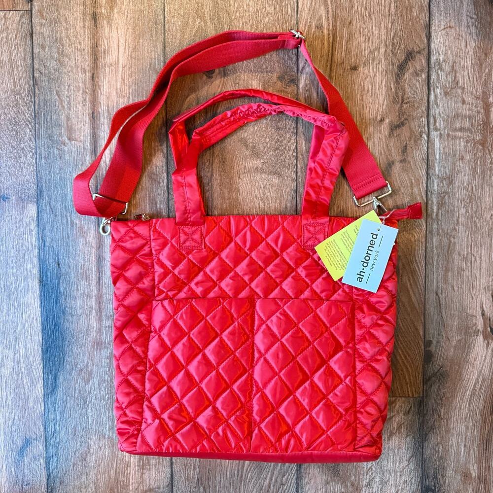 AHDORNED Mabel Quilted Nylon Tote Bag Red Crossbody